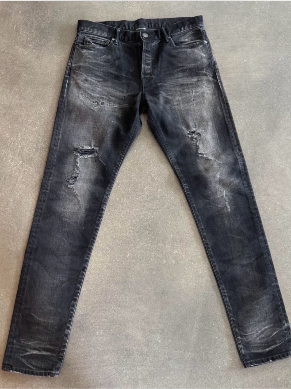 Black John Elliott slim fit jeans with distressed details